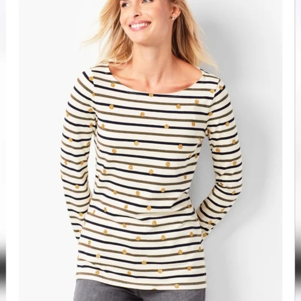 Boden Ella Long Sleeve Breton in Stripe Gold Polka Dot Sz 10 Cotton Tee
